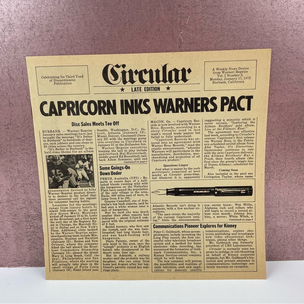 Circular Warner Reprise Magazine January 17, 1972 Capricorn Music History Rock